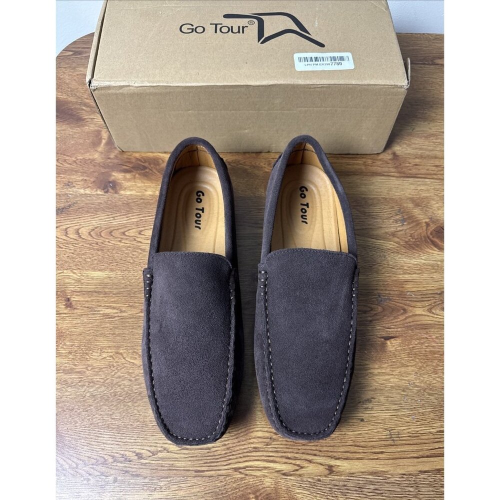 Go Tour Men's Handmade Suede Leather Casual Loafers Shoes Brown Size 11 M